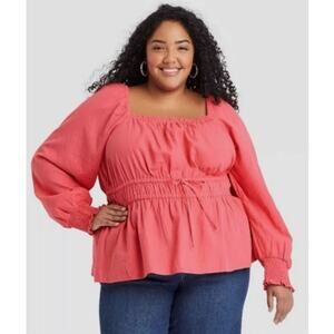 NWT Ava‎ and Viv Women’s Smocked Long Puff Sleeve Cotton Peplum Top Size 1X Pink